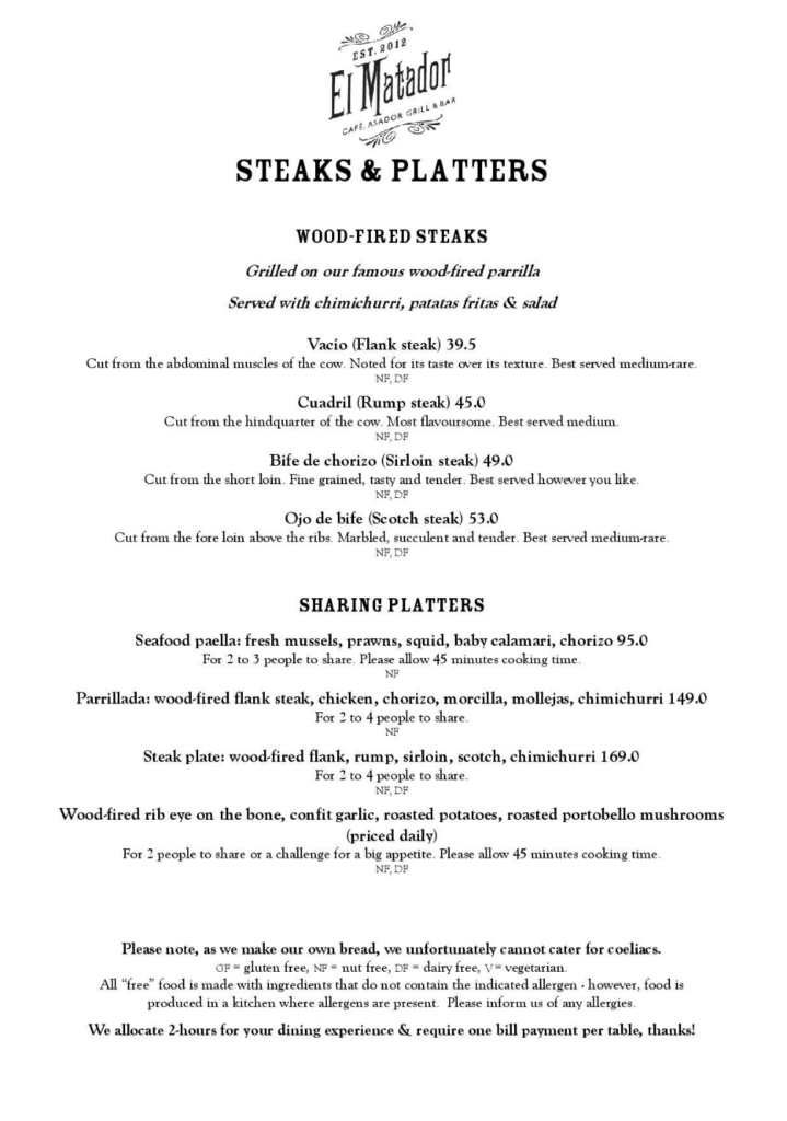 El matador menu